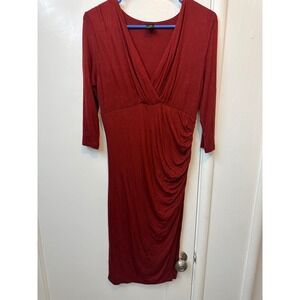 Peruvian Connection Womens XS Red Viscose Ruched Surplice‎ V-Neck Midi Dress